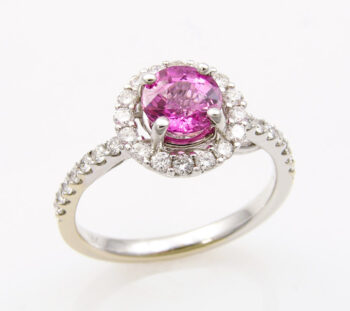 haloed white gold ring with pink sapphire