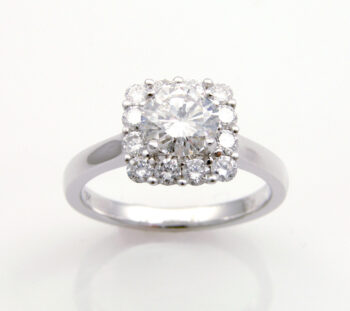 white gold square haloed engagement ring with diamonds