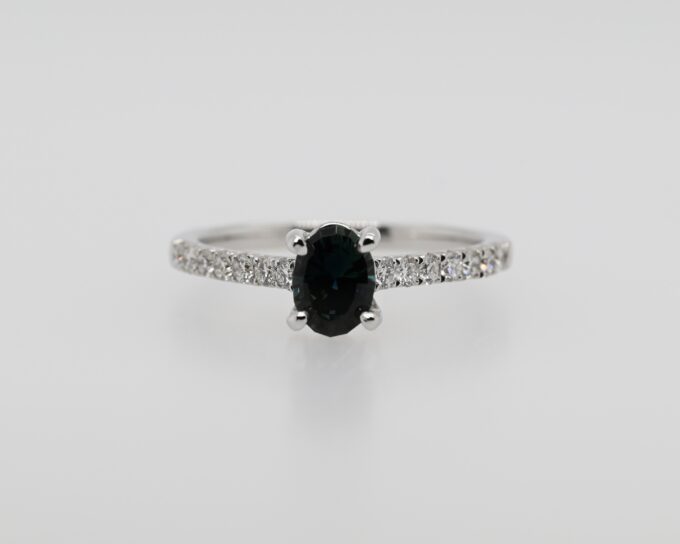 18K White Gold Oval Teal Sapphire & Diamond RIng